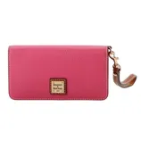 Pink Dooney & Bourke wristlet with a textured leather finish and gold-toned hardware, featuring a detachable strap.