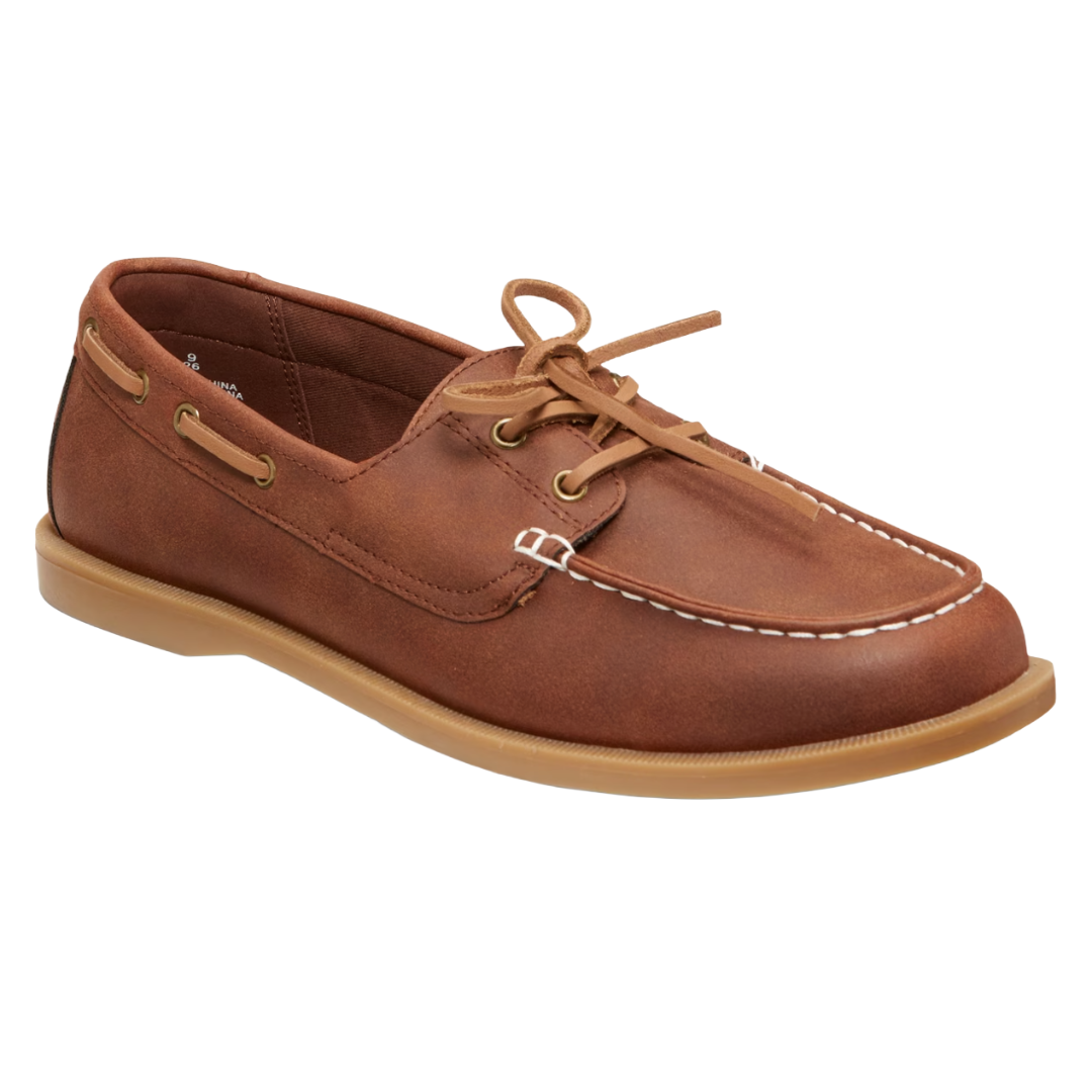 Brown leather boat shoe with white stitching and lace-up detail, featuring a rubber sole.