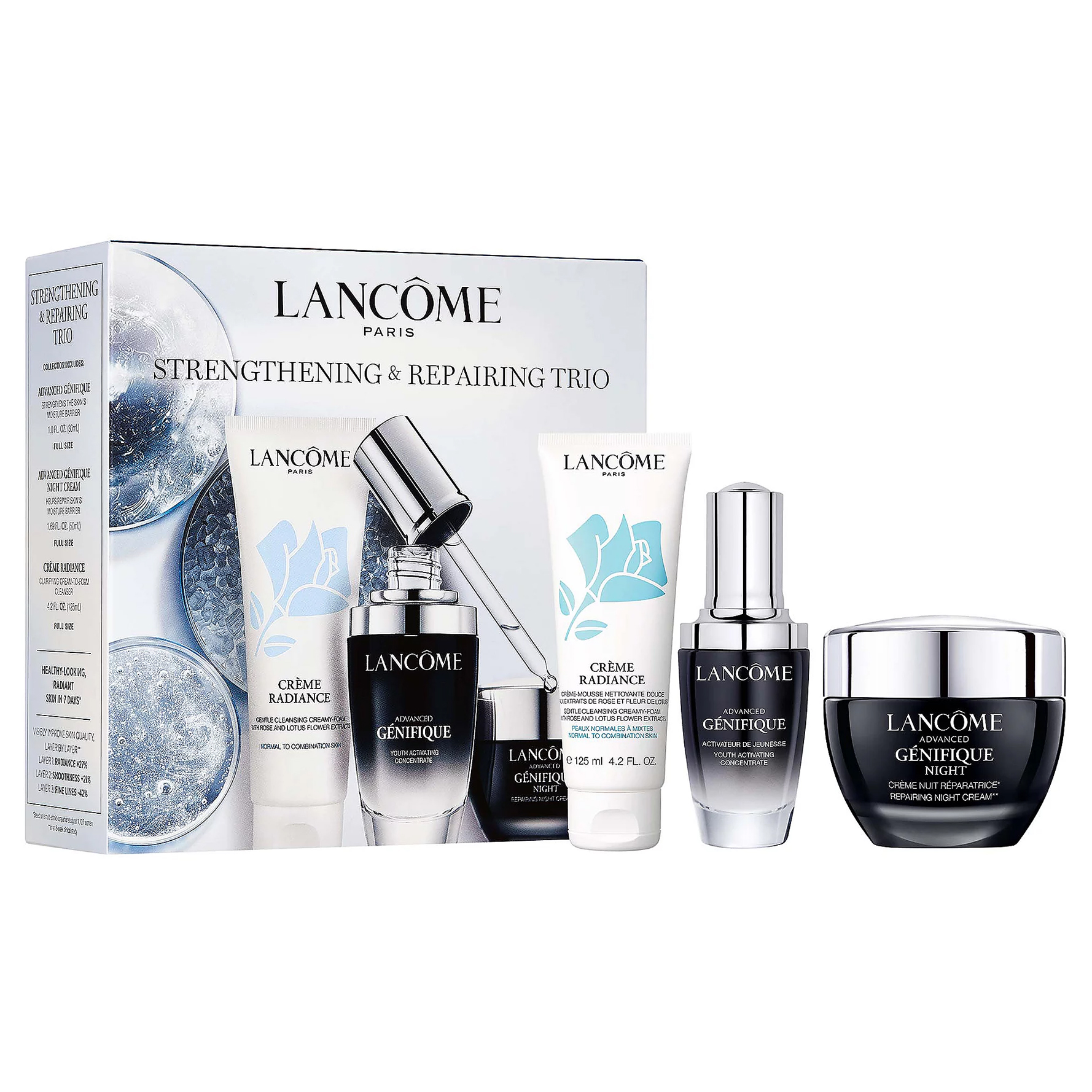 Lancôme Strengthening & Repairing Trio includes Advanced Génifique Serum, Créme Radiance Gentle Cleansing Cream (4.2 fl oz), and Advanced Génifique Night Repairing Night Cream, designed for improved skin strength and repair.