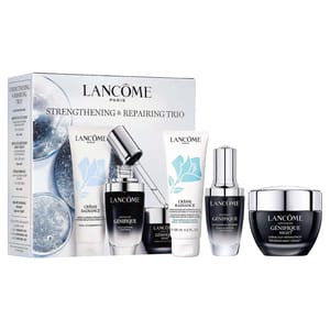 Lancôme Strengthening & Repairing Trio includes Advanced Génifique Serum, Créme Radiance Gentle Cleansing Cream (4.2 fl oz), and Advanced Génifique Night Repairing Night Cream, designed for improved skin strength and repair.