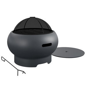 Round outdoor fire pit with a mesh cover, grill grate, and poker tool. A circular lid is shown on the ground beside it. The design is sleek and modern.