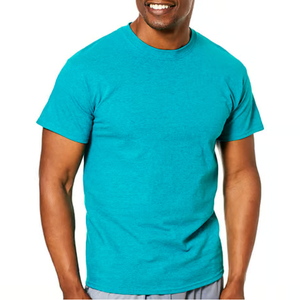 A person is wearing a bright turquoise short-sleeve T-shirt.