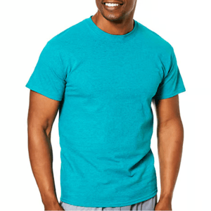 A person is wearing a bright turquoise short-sleeve T-shirt.