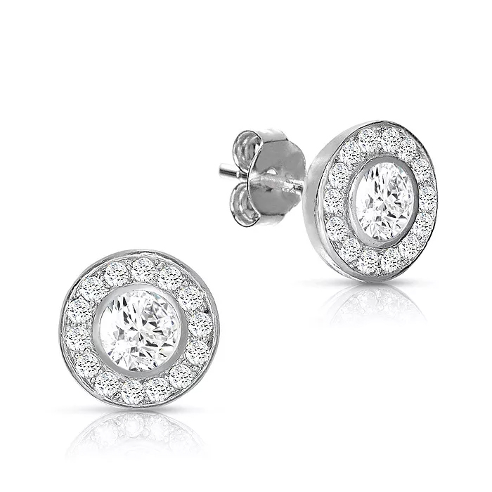 Sterling Silver CZ Halo Stud Earrings feature a central round cubic zirconia stone surrounded by a halo of smaller CZ stones set in a circular design, with post and butterfly backs for secure fastening.