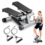 Step machine with resistance bands for exercise, shown with a person using it.