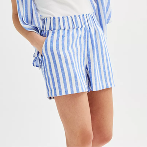 Blue and white striped shorts with a tie waist.