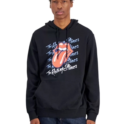 Black hoodie featuring the Rolling Stones' iconic tongue logo and band name in repeating blue and white script.