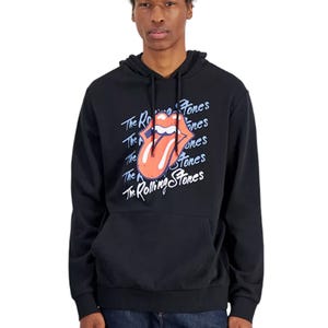 Black hoodie featuring the Rolling Stones' iconic tongue logo and band name in repeating blue and white script.