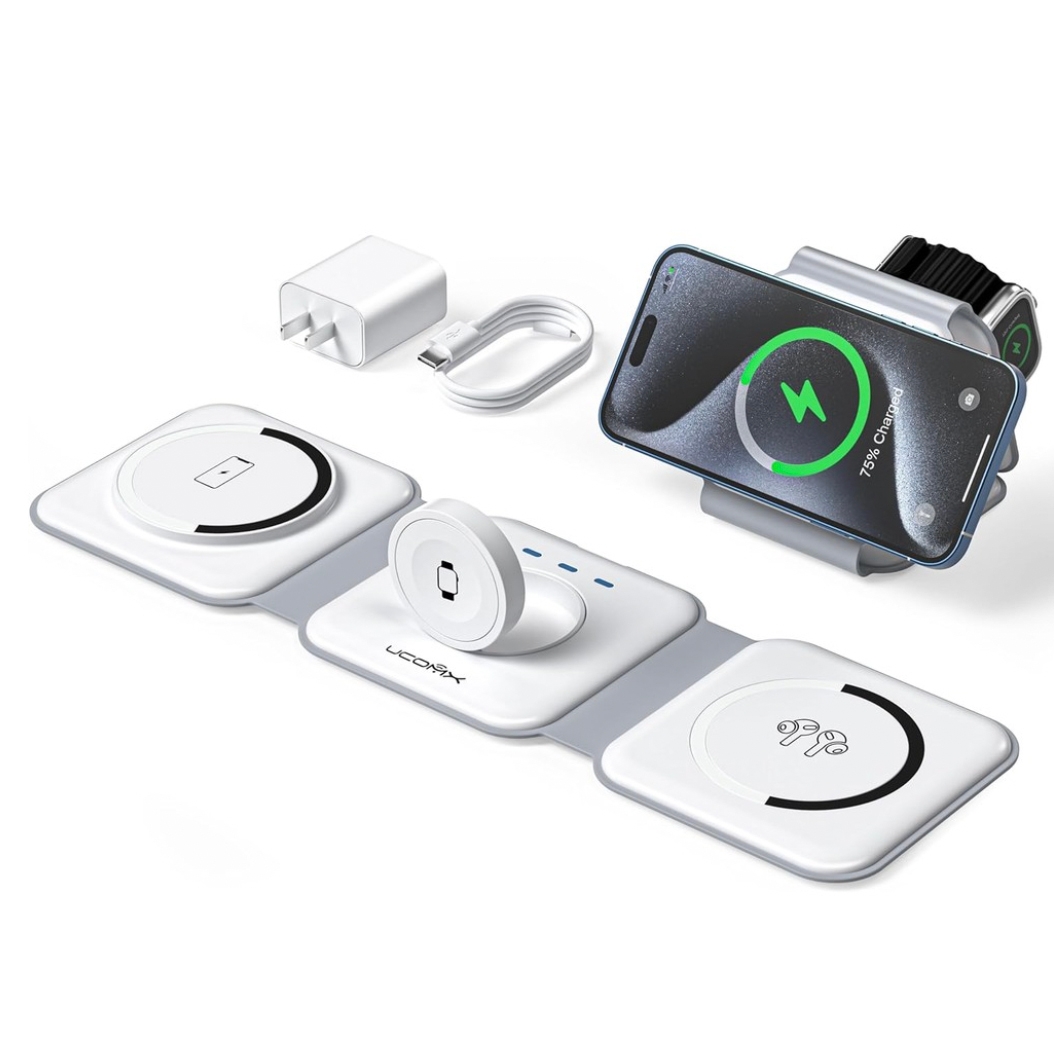 A foldable 3-in-1 charging station for a phone, watch, and earbuds, featuring a compact, white design with separate charging areas, a USB-C cable, and an adapter.