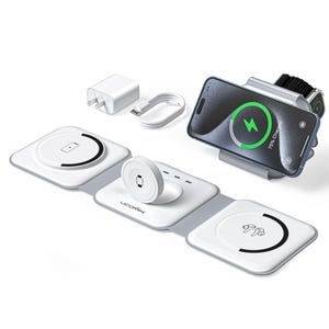 A foldable 3-in-1 charging station for a phone, watch, and earbuds, featuring a compact, white design with separate charging areas, a USB-C cable, and an adapter.