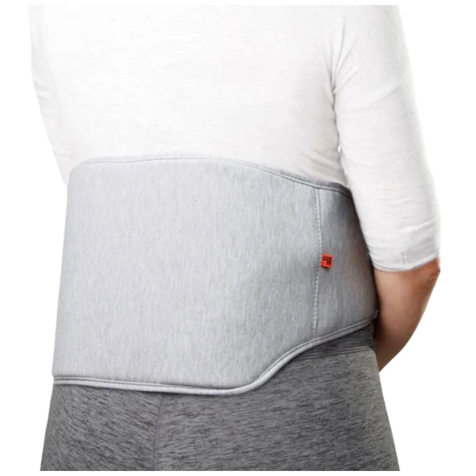 Heated back massager with adjustable fit, featuring a grey fabric exterior, designed to provide warmth and tension relief for the lower back.