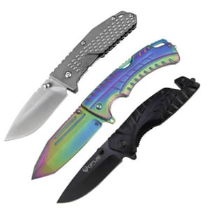 Set of three folding knives: one with a brushed silver finish, another with a rainbow metallic finish, and a third with a black matte finish. Each knife features a unique grip design and a compact, practical blade shape.