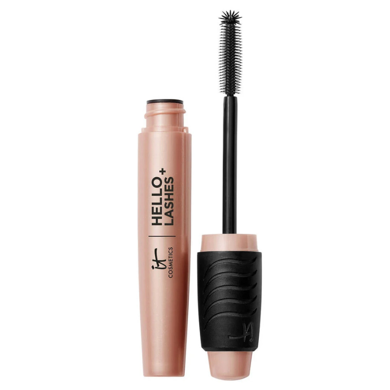 Mascara tube labeled \“Hello Lashes+\“ from IT Cosmetics with an open applicator featuring a black grip handle.
