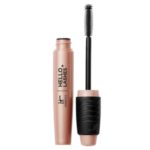 Mascara tube labeled \“Hello Lashes+\“ from IT Cosmetics with an open applicator featuring a black grip handle.