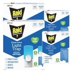 Raid Essentials Flying Insect Light Trap and Refills, designed to attract and trap fruit flies, mosquitoes, gnats, and moths, are people and pet-friendly and free of insecticides.