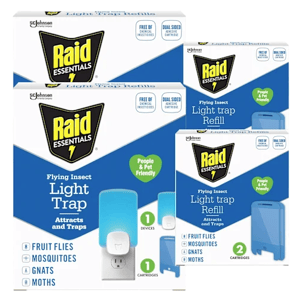 Raid Essentials Flying Insect Light Trap and Refills, designed to attract and trap fruit flies, mosquitoes, gnats, and moths, are people and pet-friendly and free of insecticides.