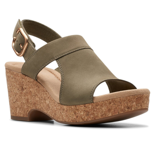 Olive leather sandal with cork wedge heel, open toe design, and gold buckle on the ankle strap.
