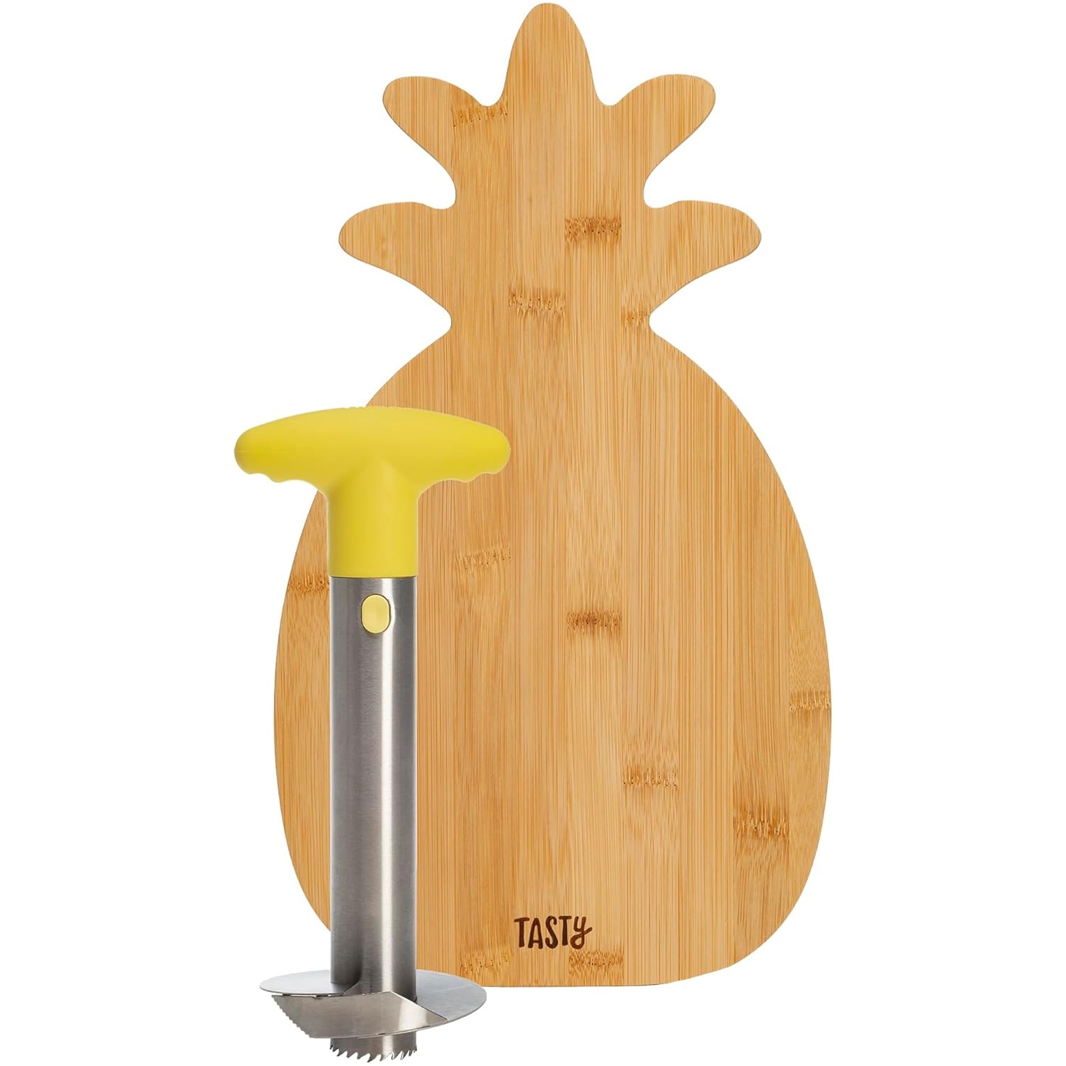 Pineapple-shaped bamboo cutting board with a pineapple corer featuring a yellow handle and stainless steel blade.