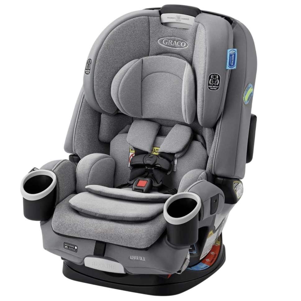 A gray Graco 4Ever DLX 4-in-1 car seat with adjustable harness, recline mechanism, and dual cup holders, designed for extended use from infant to toddler.
