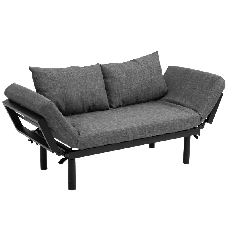 Adjustable chaise lounger with a sleek black metal frame, featuring gray fabric upholstery and two included cushions. The backrest and arms can be adjusted for various seating or reclining positions.