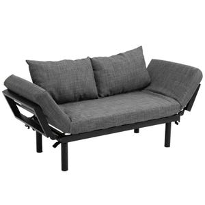 Adjustable chaise lounger with a sleek black metal frame, featuring gray fabric upholstery and two included cushions. The backrest and arms can be adjusted for various seating or reclining positions.