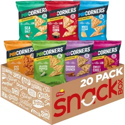 PopCorners snack variety pack includes Sea Salt, Kettle Corn, White Cheddar, Spicy Queso, Jalapeño Popper, Cinnamon Crunch, and Sweet Chili flavors in a 20-pack box.