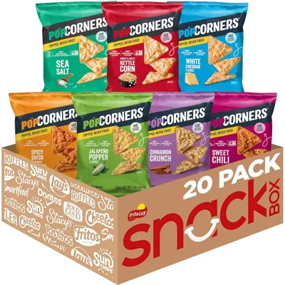 PopCorners snack variety pack includes Sea Salt, Kettle Corn, White Cheddar, Spicy Queso, Jalapeño Popper, Cinnamon Crunch, and Sweet Chili flavors in a 20-pack box.