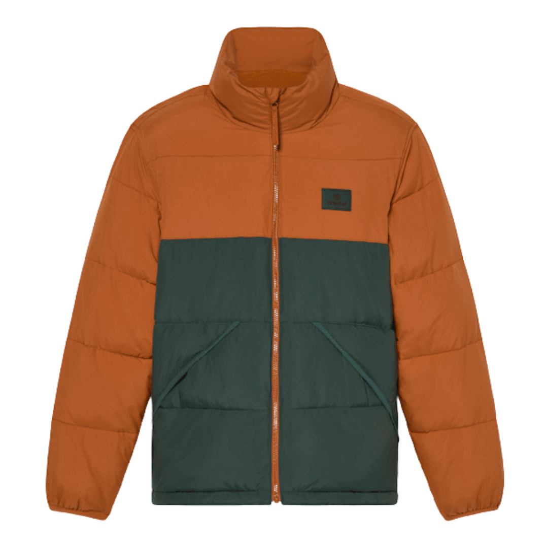 A two-tone puffer jacket with an orange upper section and dark green lower section, featuring a high collar, front zipper, and two large pockets.