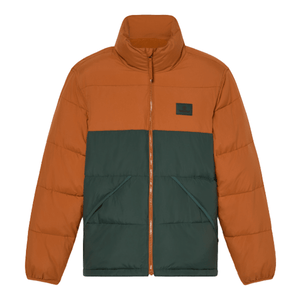 A two-tone puffer jacket with an orange upper section and dark green lower section, featuring a high collar, front zipper, and two large pockets.