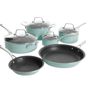 The 10pc Martha Stewart Nonstick Cook Set includes a variety of cookware in a light blue color with nonstick interiors and glass lids. The set features two frying pans, a sauté pan, a stockpot, and two saucepans, all with stainless steel handles.