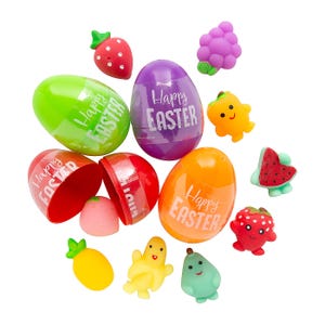 Set of 48 colorful Easter eggs filled with small, cute squishy toys shaped like fruits and characters. Eggs display \“Happy Easter\“ and come in various colors including green, purple, red, and orange.