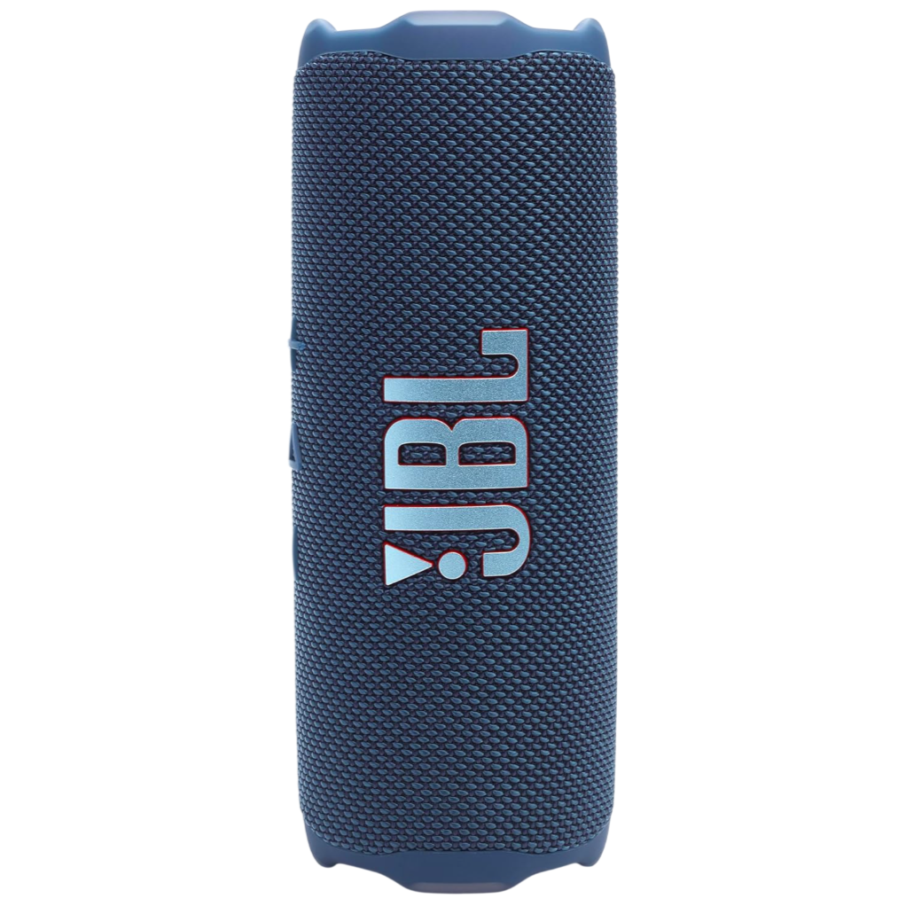A portable JBL Bluetooth speaker with a fabric mesh cover in blue, featuring the JBL logo prominently displayed.