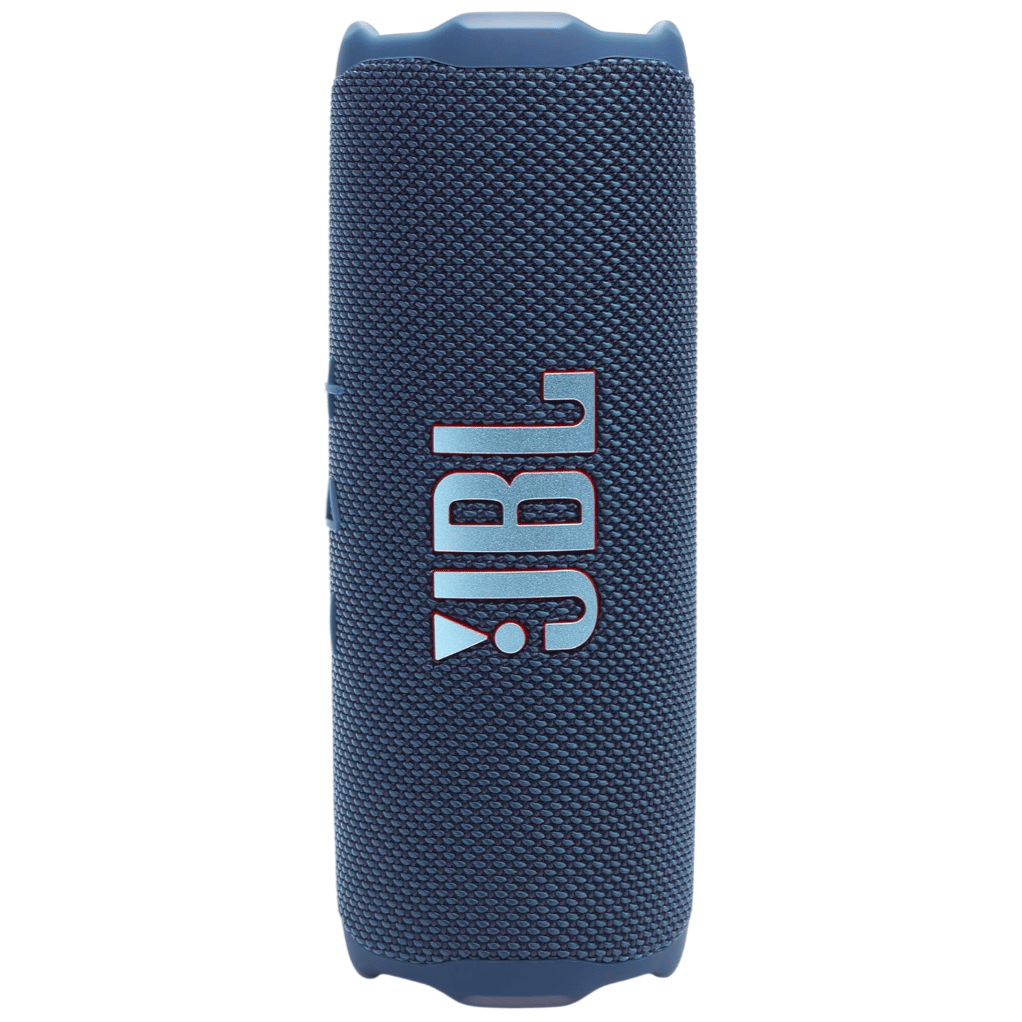 A portable JBL Bluetooth speaker with a fabric mesh cover in blue, featuring the JBL logo prominently displayed.