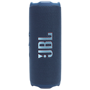 A portable JBL Bluetooth speaker with a fabric mesh cover in blue, featuring the JBL logo prominently displayed.