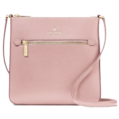 A pink leather crossbody bag with a front zip pocket and gold-tone hardware.