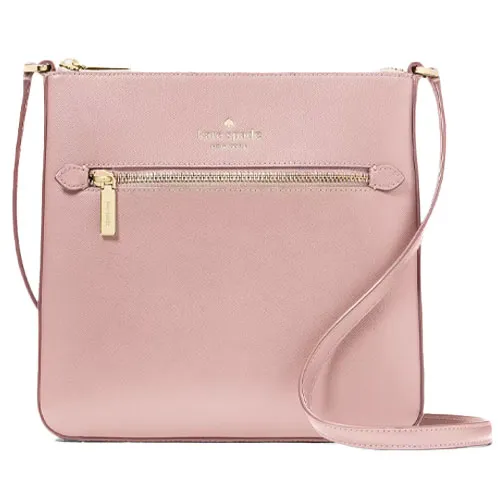A pink leather crossbody bag with a front zip pocket and gold-tone hardware.