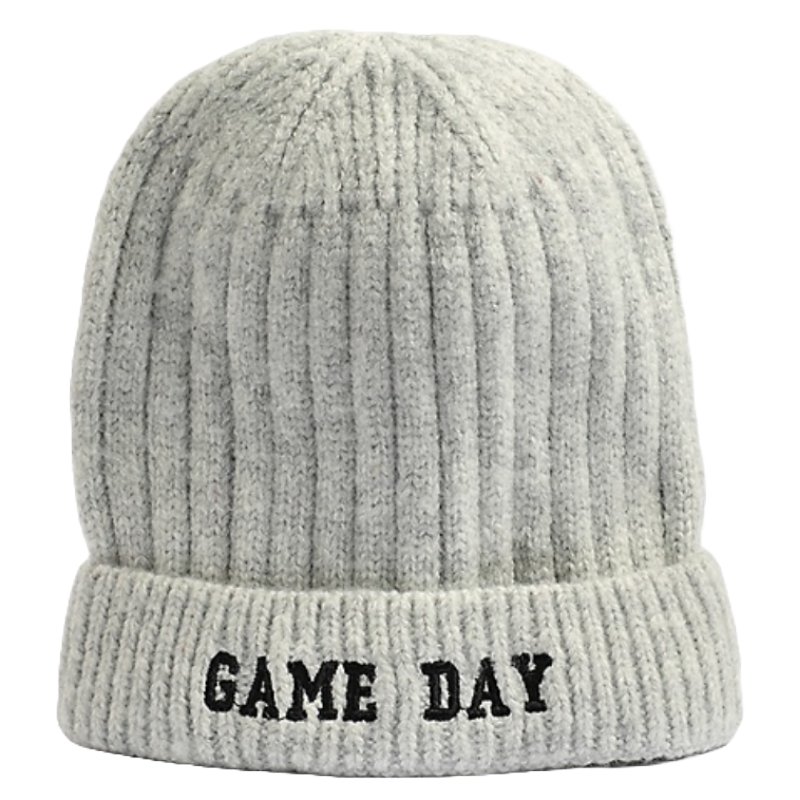 Gray ribbed knit beanie with the words \“GAME DAY\“ embroidered in black on the front cuff.