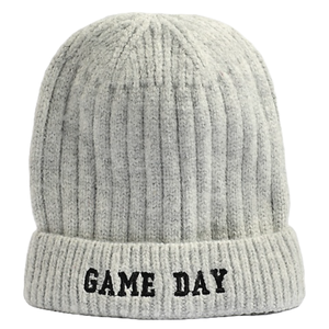 Gray ribbed knit beanie with the words \“GAME DAY\“ embroidered in black on the front cuff.