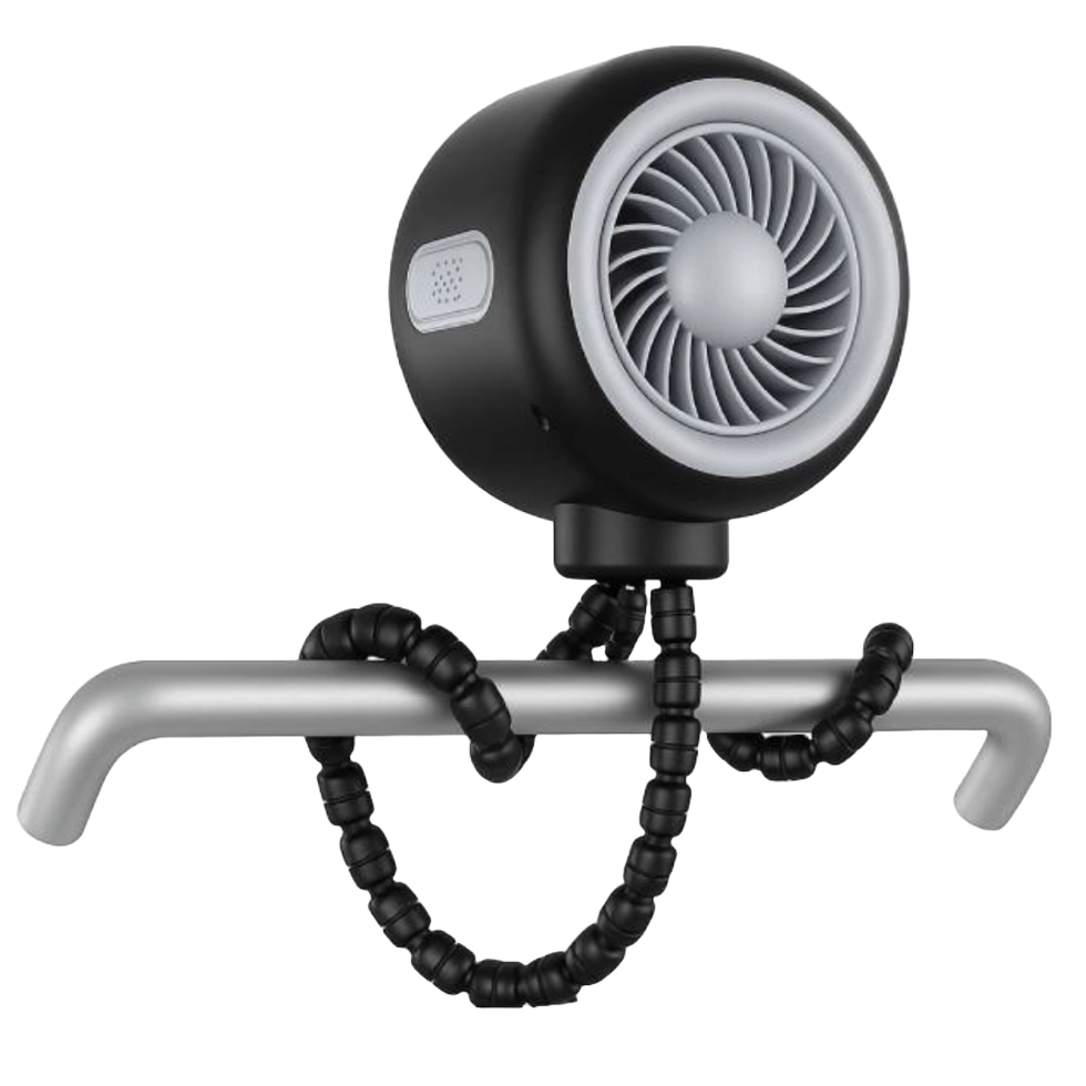 A compact, black portable fan with flexible, beaded legs that can wrap around objects for versatile mounting, featuring a circular design with fan blades enclosed in a casing.