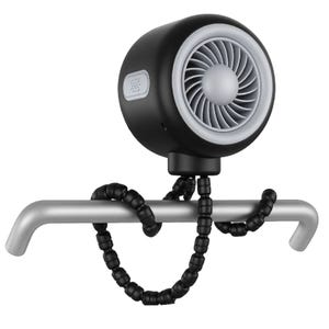 A compact, black portable fan with flexible, beaded legs that can wrap around objects for versatile mounting, featuring a circular design with fan blades enclosed in a casing.