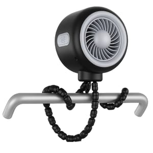 A compact, black portable fan with flexible, beaded legs that can wrap around objects for versatile mounting, featuring a circular design with fan blades enclosed in a casing.