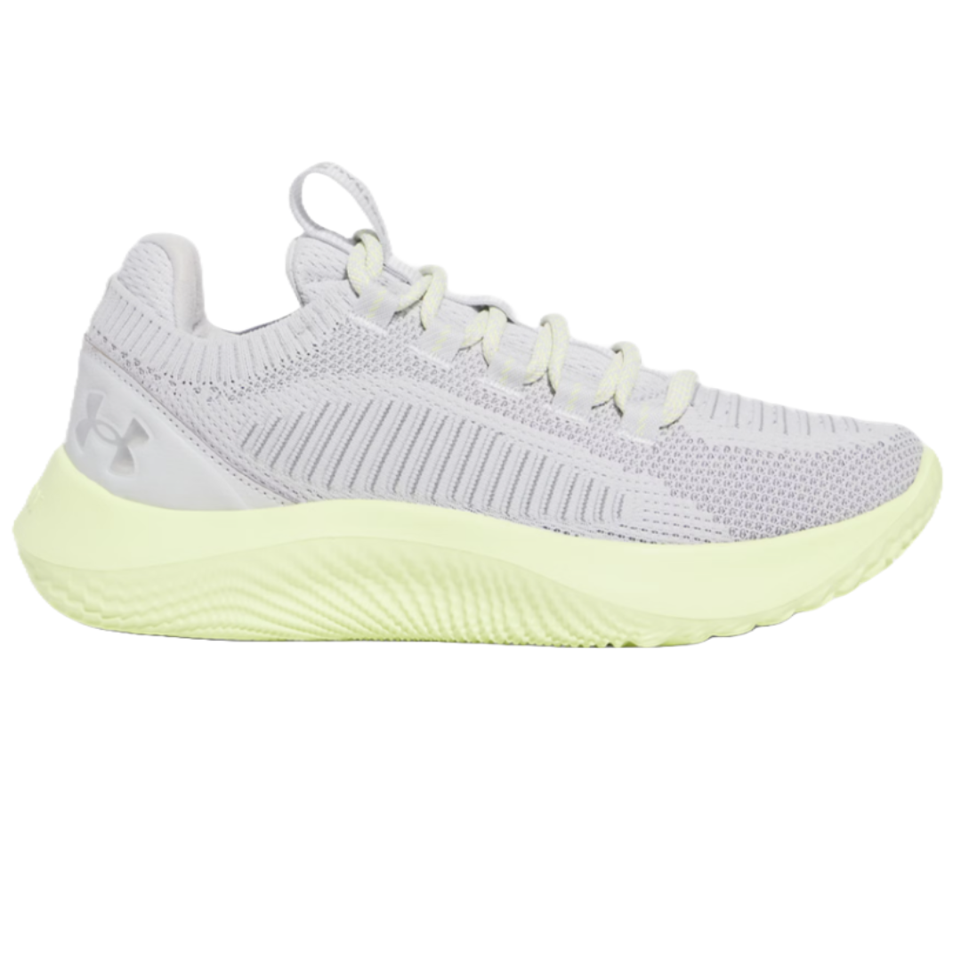 Under Armour athletic shoe with a textured knit upper, lace-up design, and a cushioned sole.