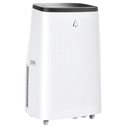 Portable 14,000 BTU air conditioner with a sleek white design, featuring a black top panel and caster wheels for easy mobility.