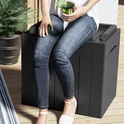 Person sitting on a sturdy outdoor storage box that doubles as a seat, with a maximum capacity of 220 lbs. The setting includes a rug, a couch with a green pillow, and a potted plant.