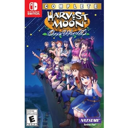 Harvest Moon: One World Complete for Nintendo Switch features colorful characters on the cover, with a focus on farming and adventure. Rated E for Everyone by ESRB. Developed by Natsume, emphasizing \“Serious Fun.\“
