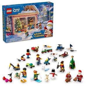 The 2024 Lego City Advent Calendar features various festive-themed mini-figures, vehicles, and accessories, including Santa Claus, a snowman, and holiday decorations.