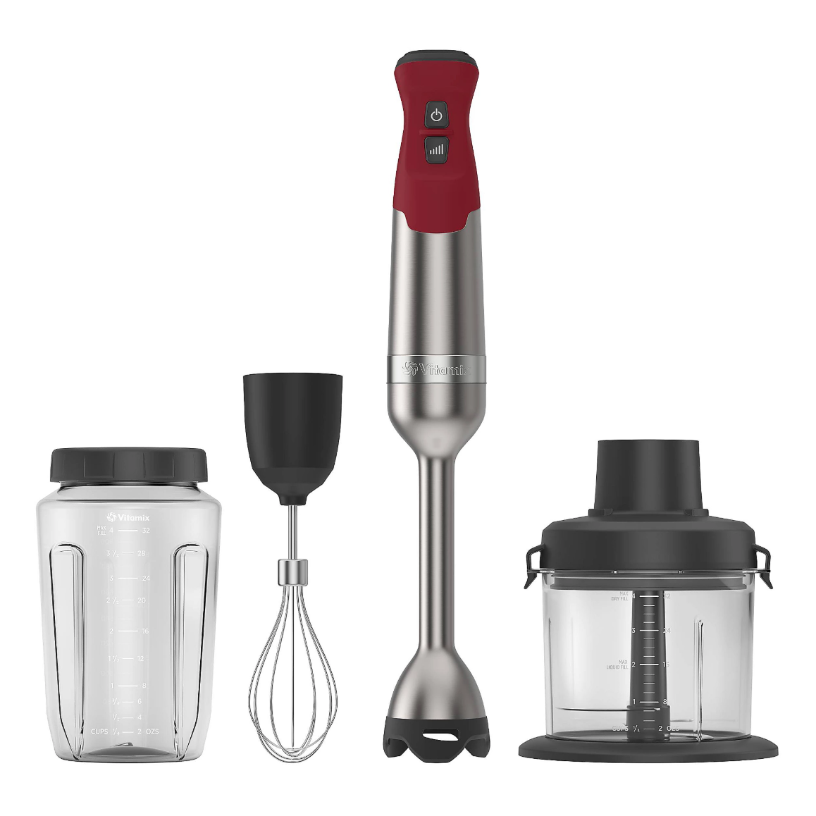 Vitamix hand blender set with a stainless steel immersion blender, a blending jar, a whisk attachment, and a food processor/chopper attachment.