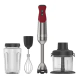 Vitamix hand blender set with a stainless steel immersion blender, a blending jar, a whisk attachment, and a food processor/chopper attachment.