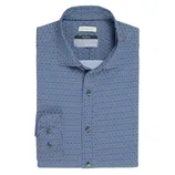 Tailored fit, blue patterned dress shirt by J.S. Bank, featuring CoolMax technology for moisture-wicking comfort.