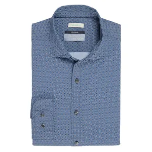 Tailored fit, blue patterned dress shirt by J.S. Bank, featuring CoolMax technology for moisture-wicking comfort.